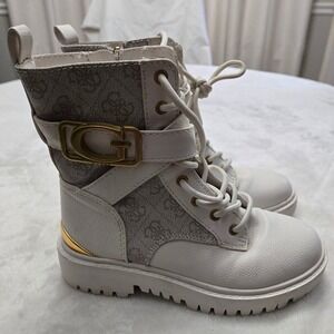 Guess White Logo Combat Boots Lace Up Buckle Detail Size 5.5M